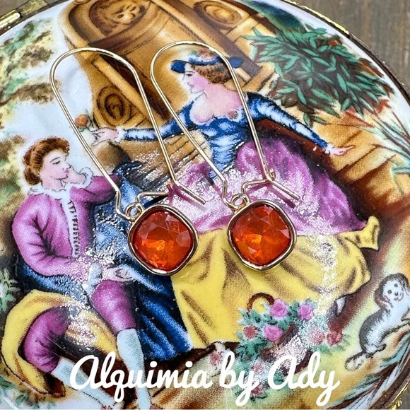 Bright orange jewel tone crystal charms extra long dangle Gold hoop earrings - Picture 1 of 6